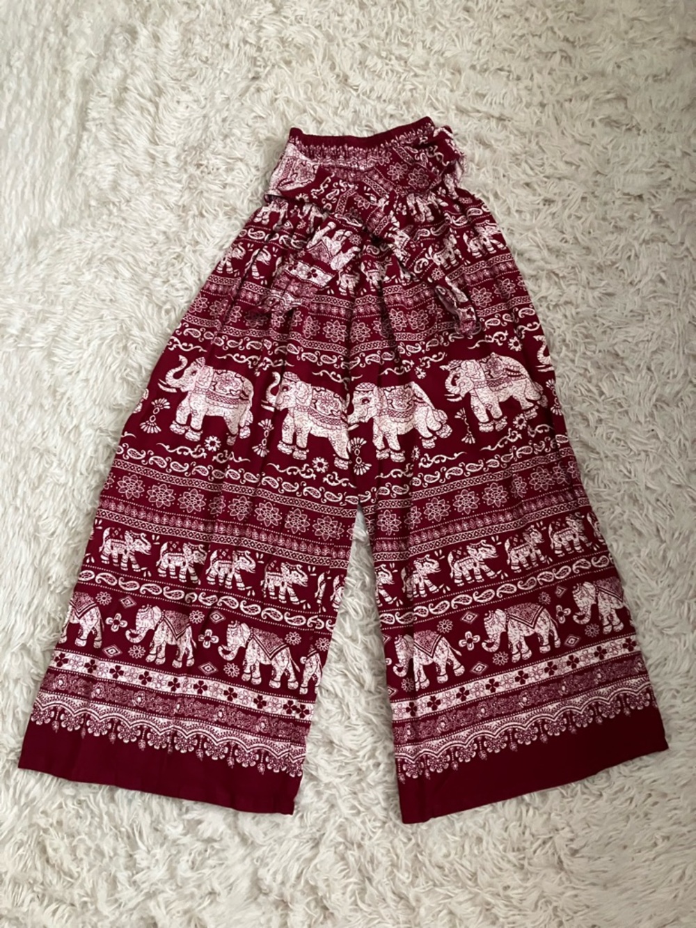 Women's Wide Leg Elephant Print Pants - Burgundy